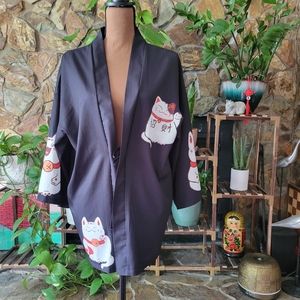 Black Cat Kimono Jacket Tie Front